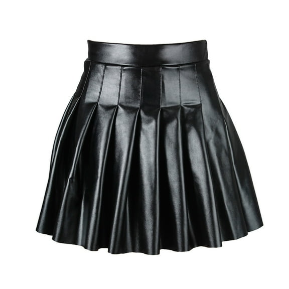 Boomilk Leather Skirts For Women High Waist Pleated Solid Short Skirt Elegant Leather Skirt