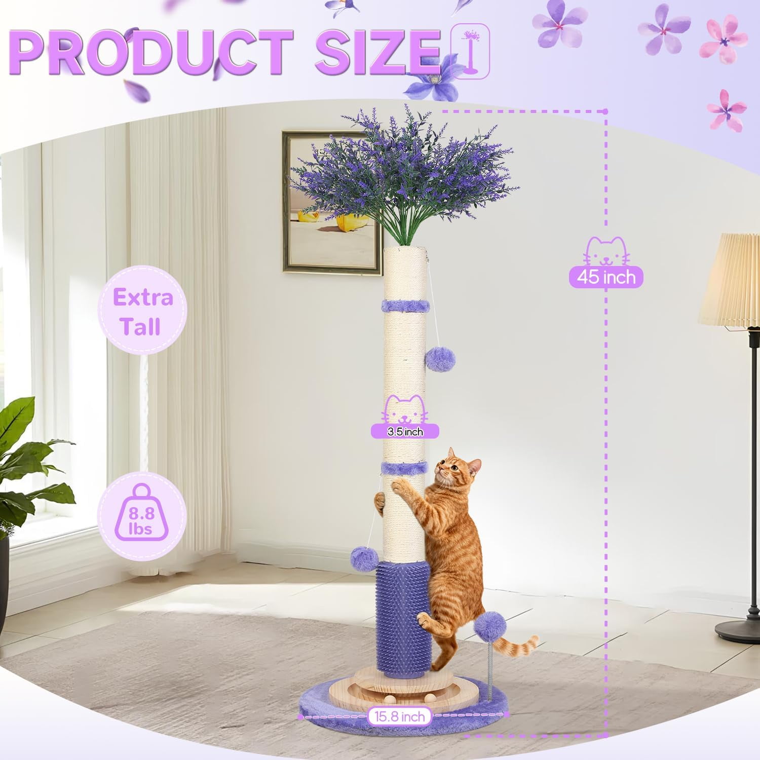 Gothic Black Cat Scratching Post with Sisal Rope, Interactive Ball Toys, and Self-Groomer Brush for Large Indoor Cats