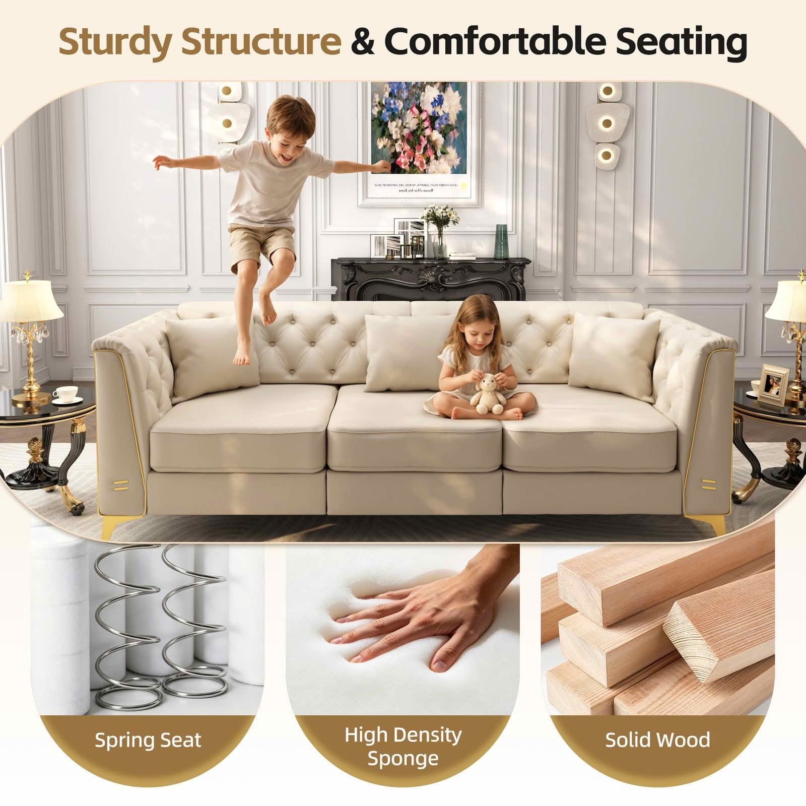 MAYEERTY 81.5" Light Luxury Modular Chesterfield 3‑Seater Sofa with 2 Ottomans, Faux‑Leather Couch, Button Tufting, Metal‑Trim Armrest & Slim Metal Legs, 3 Pillows Included