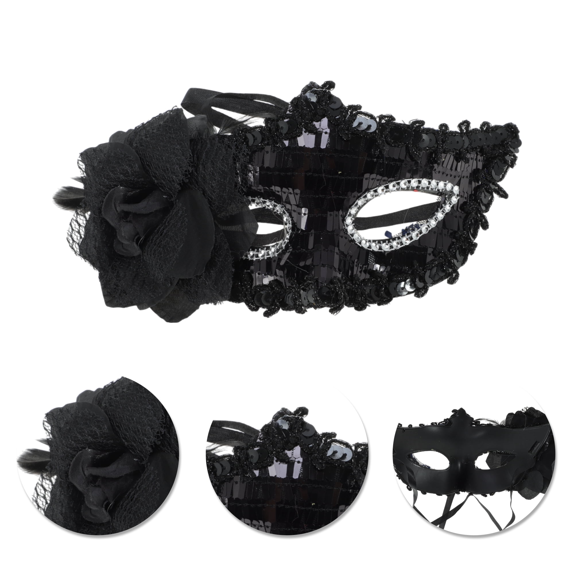 Unique Bargains Floral Sequins Half Face Party Mask Black