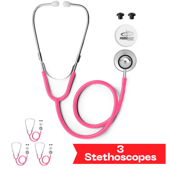 Primacare DS-9290-PK-3 Classic Series Adult Dual-Head Stethoscope, 22" Tubing Length, Pink, Pack of 3 Stethoscopes