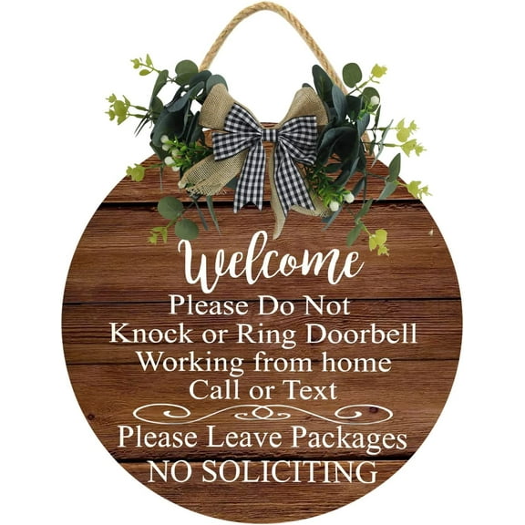 Eveokoki 12" Welcome Please Do Not Knock Or Ring Doorbell Working From Home Call Or Tex Please Leave Packages No Soliciting Sign,Wood Hanging Sign Office Meeting Door