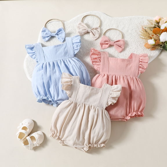 WUANDIXFA Baby Girls Cotton Linen Romper Set Ruffle Sleeveless Bodysuits Jumpsuit Summer Clothes with Headband (Red, 0-3 Months)