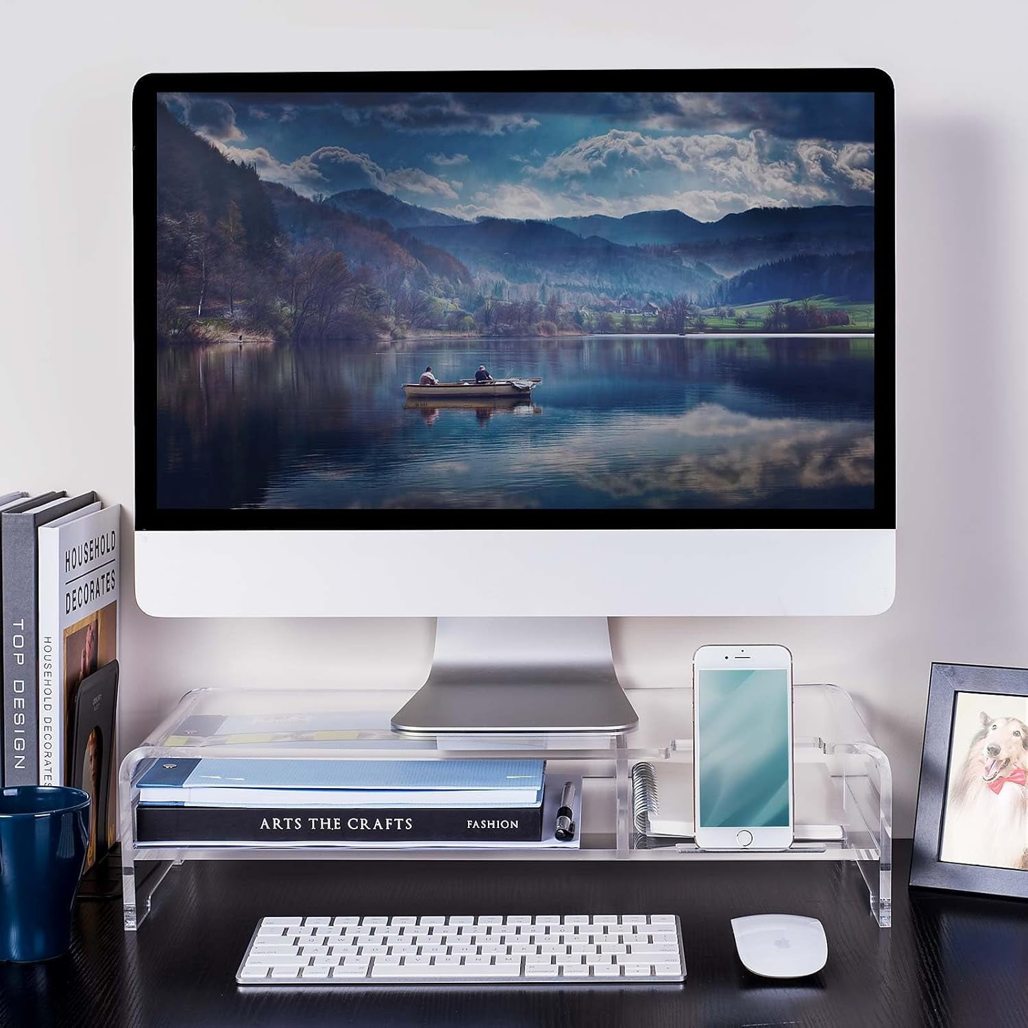 Acrylic Monitor Stand for Full Keyboard, 20" Wide 2-Tier Riser with Storage Shelf and Phone Holder, Desktop Organizer for Laptop, Printer, Screen (Clear)