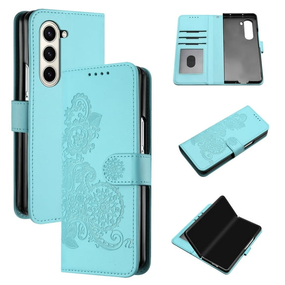 Wallet Case for Samsung Galaxy Z Fold 5, PU Leather Flip Protective Phone Case Card Slots Holder Pocket Emboss Flower Stand Magnetic Book Case for Samsung Galaxy Z Fold 5 - Lightblue