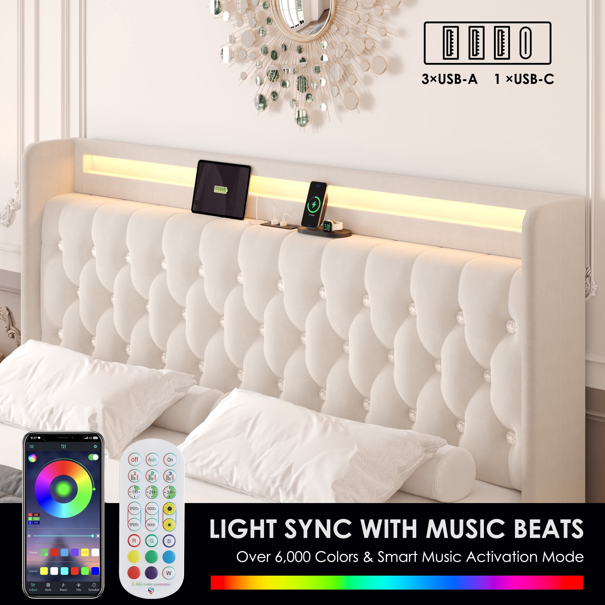 Homfa Queen Size LED Bed Frame with Outlets and USB Ports & Display Platform, 2 Storage Drawers Modern Crystal Button Tufted Upholstered Platform Bed Frame, Beige