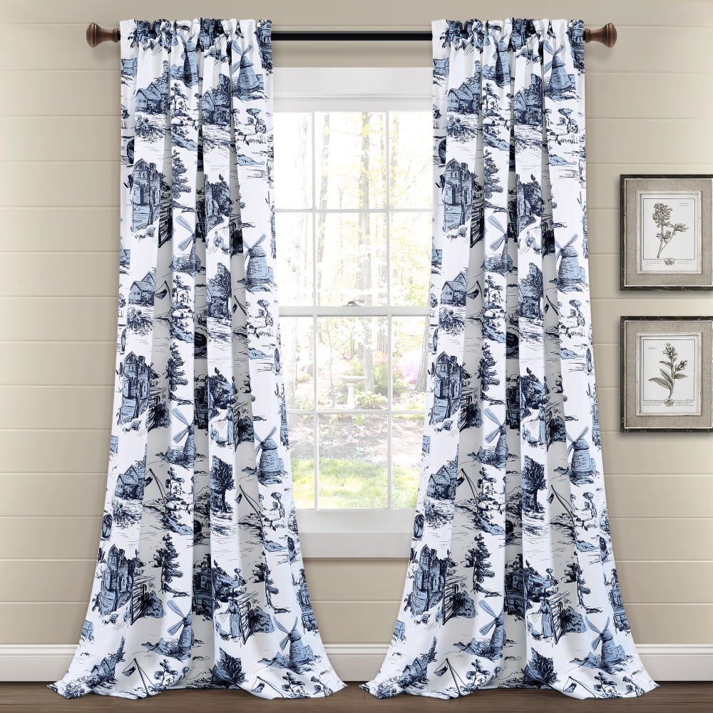 French Country Toile Room Darkening Window Curtain Panels White/Blue 52X95+2 Set