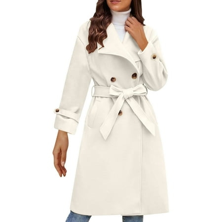 UPPADA Womens Wool Pea Coats Winter Wool Blend Trench Pea Coat Elegant Notched Collar Solid Color Mid-Length Double Breasted Slim Fit Overcoat White XL