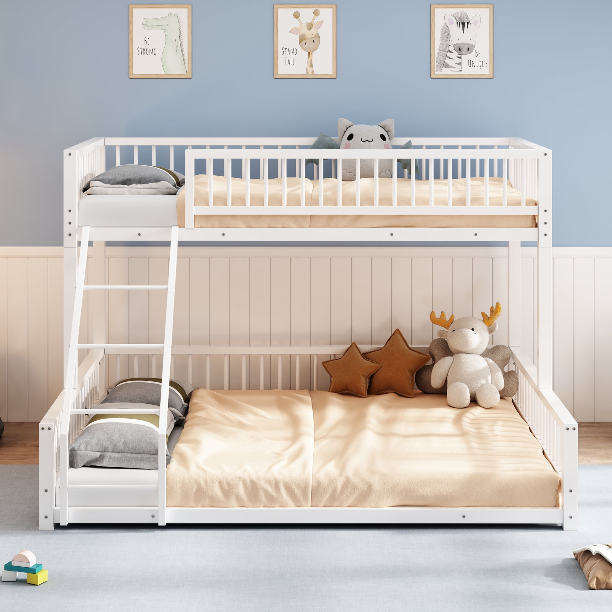 Euroco Metal Twin XL over Queen Bunk Bed, Convertible Floor Bed with Ladder and Guardrails, White