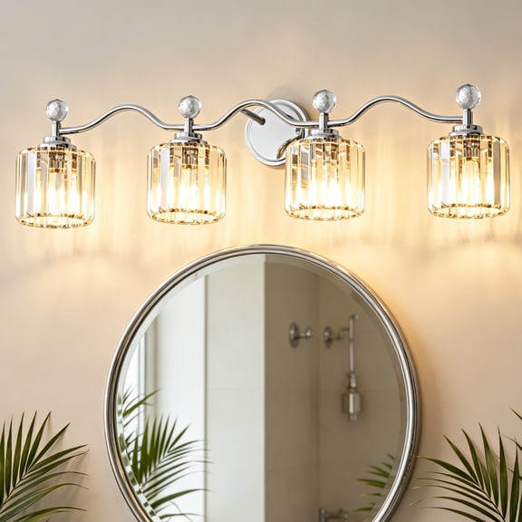 Deyidn 34.8" Modern 4-Light Chrome Bathroom Vanity Light - Dimmable Bathroom Transitional Fixture with Crystal Glass Shades