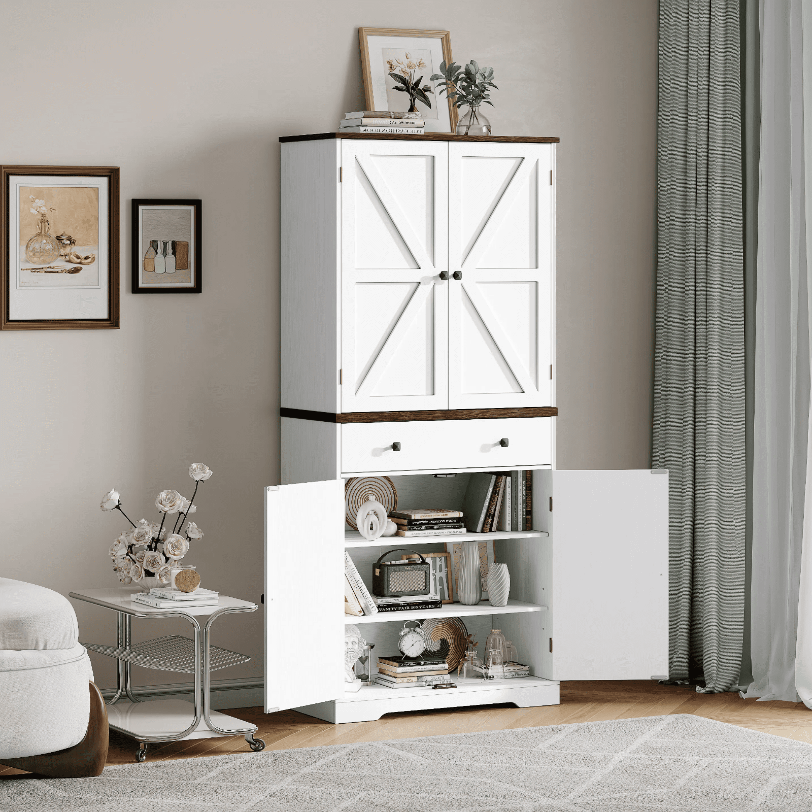 71" Farmhouse Pantry Storage Cabinet with 6 Door Shelves & Drawer, 2 Adjustable Shelves & 4 Barn Doors, Freestanding Cupboard,Off White