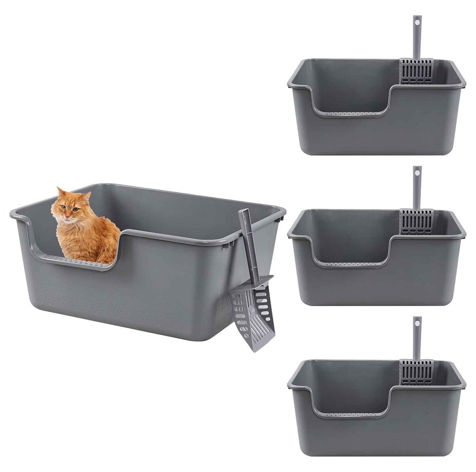 4-Pack Cat Litter Box with High Sides, Grey Open Top Litter Box