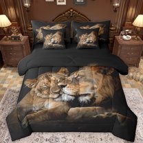Feelyou Romantic Lion Animal Bedding Comforter Set 7 Pieces for Adult, Lover Valentines Day Full Bedding Set, Jungle Wildlife Reversible Fitted Sheet Flat Sheet, Lightweight Room Decor