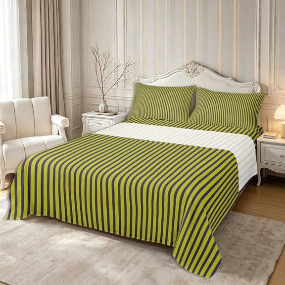 Castle Fairy Abstract Vertical Line King Sheets 4pcs,Retro Thin Strip Bedding,Olive Green Violet Purple,1 Flat Sheet, 1 Fitted Sheet and 2 Pillowcases