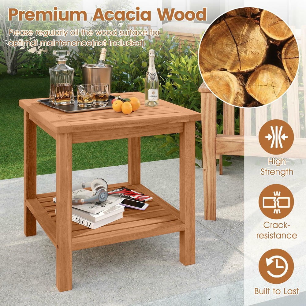 Kadyn Patio Acacia Wood Side Table Outdoor Accent Table with Slatted Tabletop Storage Shelf for Backyard Balcony Garden Patio Furniture, Natural