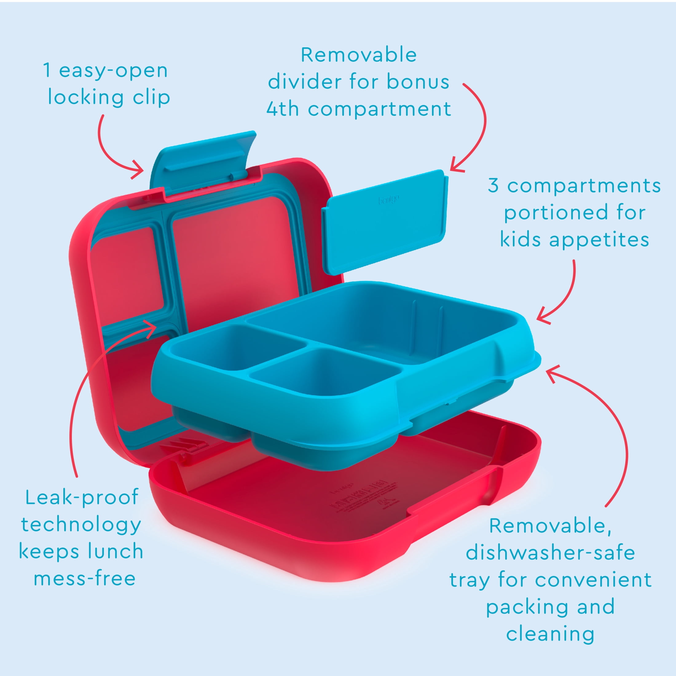 Bentgo® Pop - Leak-Proof Lunch Box & Removable Divider for Ages 8+ & Teens - Lunch Container Holds 5 Cups of Food; 3-4 Compartments; Microwave/Dishwasher Safe; 2 Year Warranty (Flame Red/Turquoise)