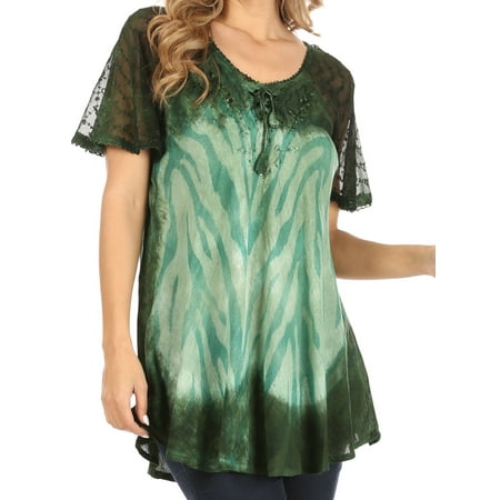 Sakkas Petra Women s Casual Loose Flared Corset Short Sleeve Lace Blouse Top Tunic - 2206-Green - Plus Size