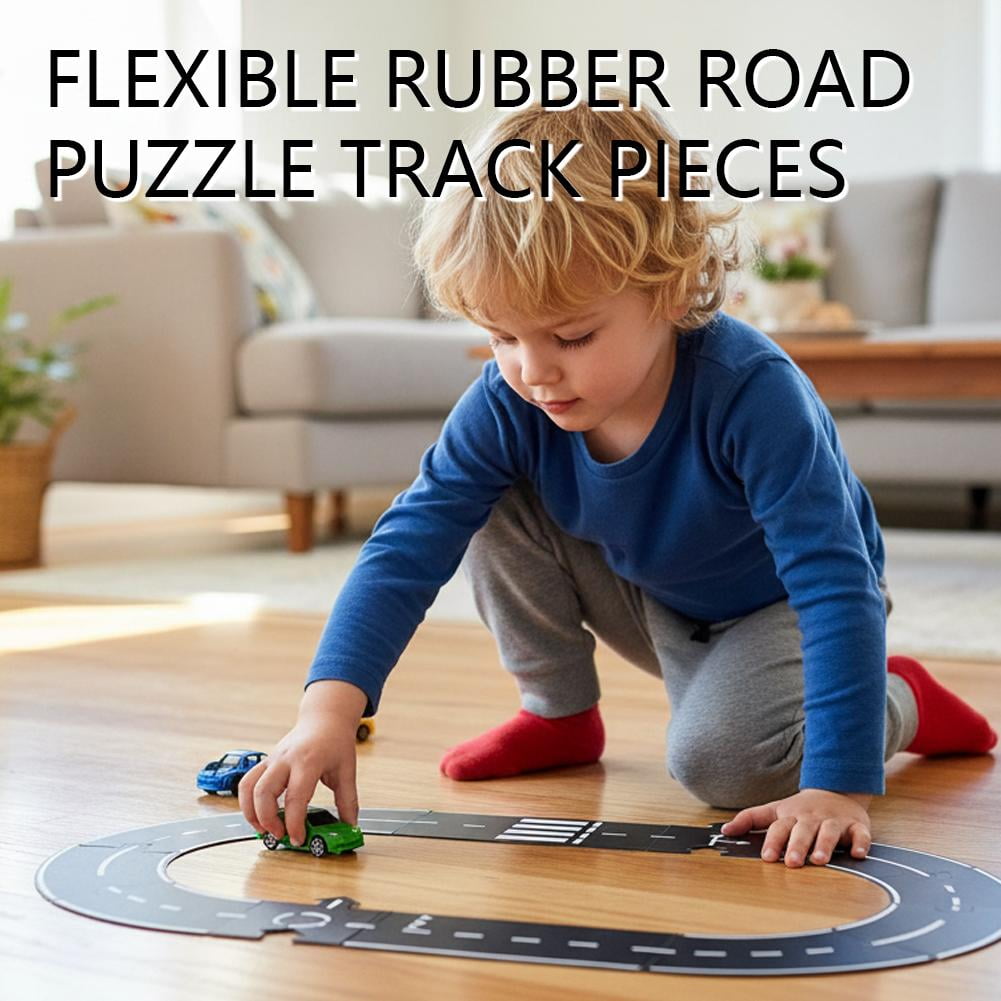 Flexible Rubber Road Puzzle Track Pieces,Waterproof Modular Puzzle Car Highway Tracks,Gift for Indoor