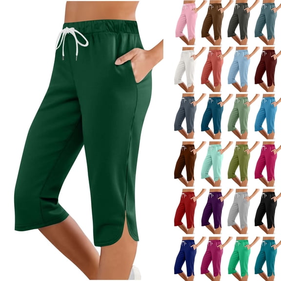 Bovxnpu Summer Womens Plus Size Pants, Casual Capris Pants for Women, Women Solid Color Elastic Waist Sports Casual Capris Pants With Side Pockets XXL
