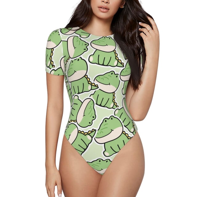 Balery Cute Crocodile Body de cuello redondo de manga corta para mujer Tops de manga corta Tops básicos-XX-Large
