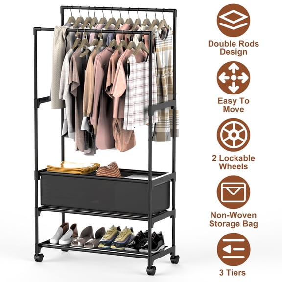 Imountek Double Rod Garment Rack with Storage Bag, Lockable Wheels, Adjustable Height, 3-Tier Portable Closet Organizer, Black