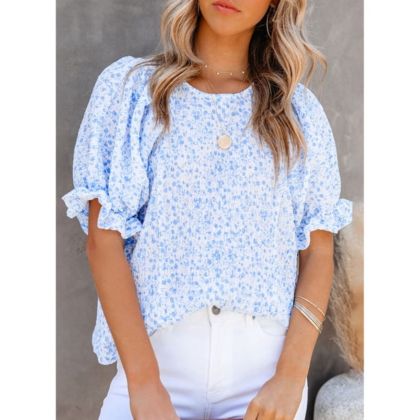 Camisa suelta de gasa de manga corta para mujer,Blusa de gasa de verano para mujer de gasa de manga corta para mujer Blusa de gasa de manga corta con estampado floral para mujer Aspecto llamativo
