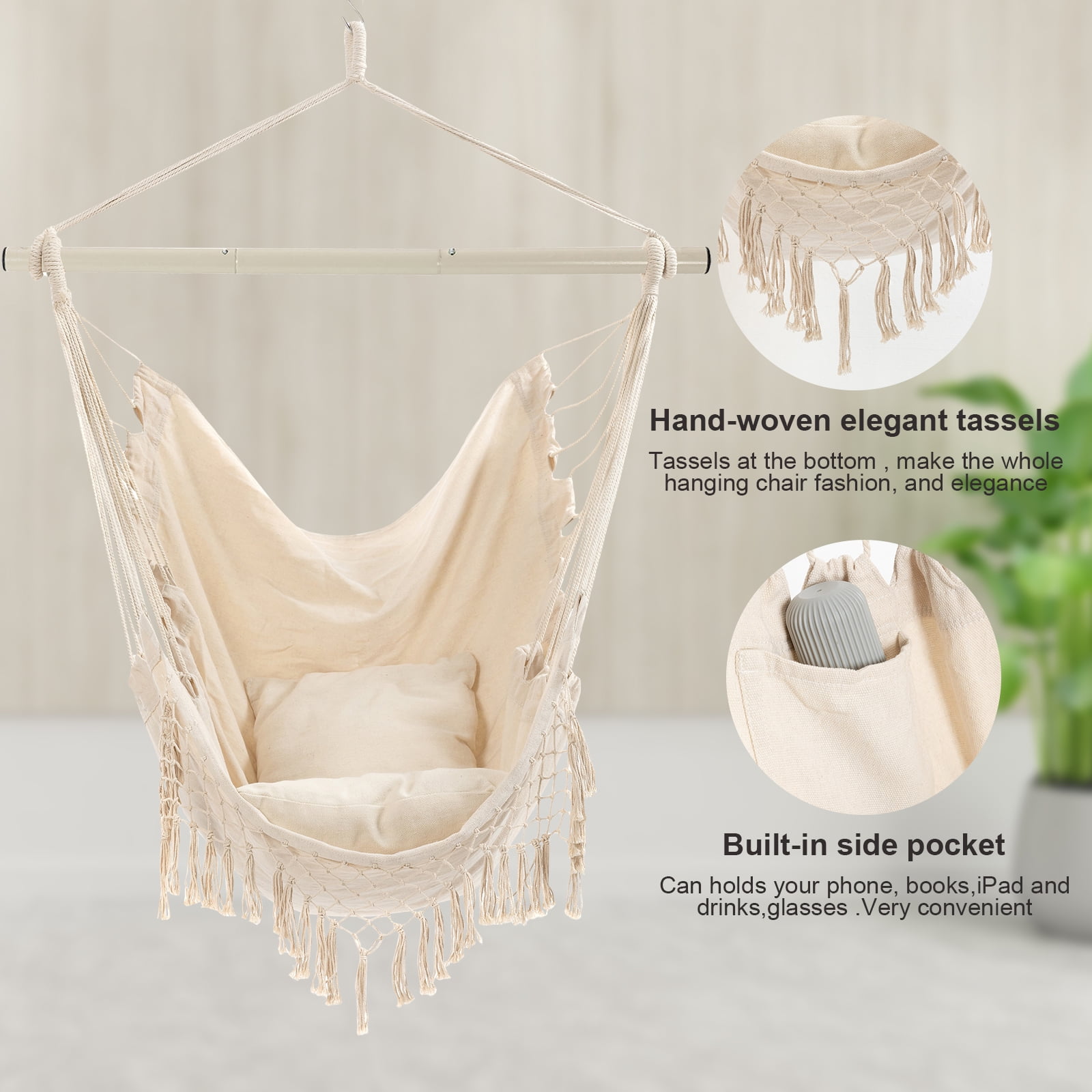 YAERSI Foldable Hammock Chair with Cushions, Beige