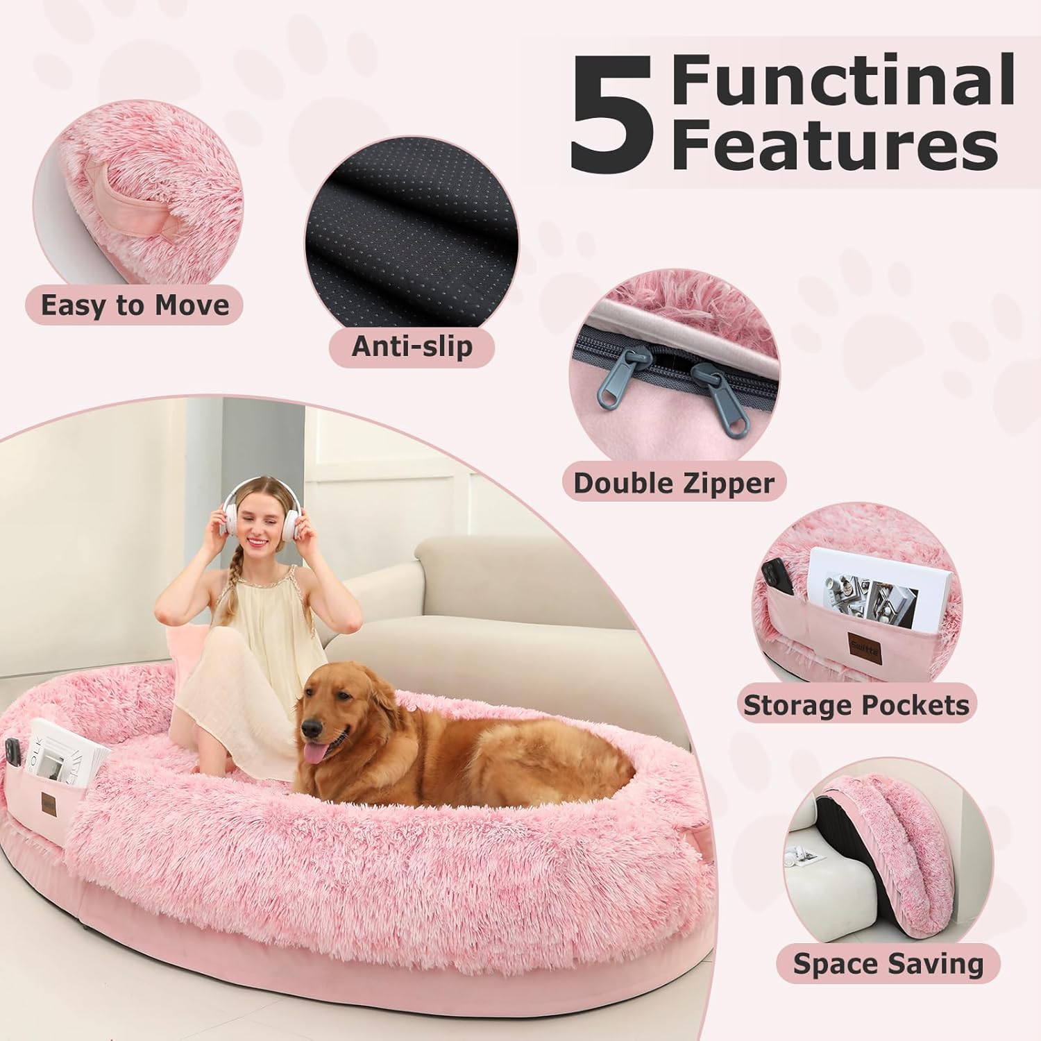 SWITTE Human Dog Bed for Adult, 71"x47"x13" Washable Large Human Size Dog Bed with Blanket for People Doze Off, Removable Giant Dog Bed with Pillow for Adult Pet - Pink