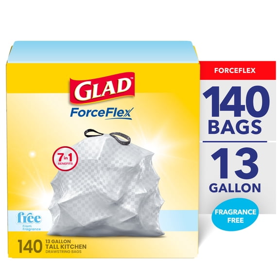 Glad ForceFlex 13-Gallon Drawstring Tall Kitchen Trash Bags, 140 Bags