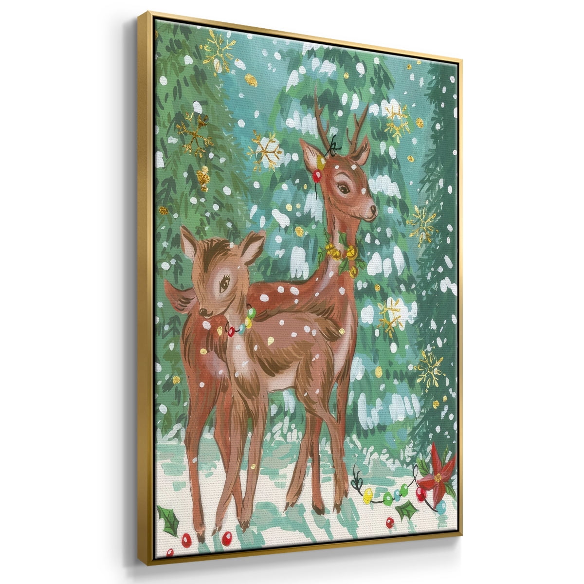 Doe and Fawn II - Framed Gallery Wrapped Holiday Canvas - 27 x 41 - Gold Frame