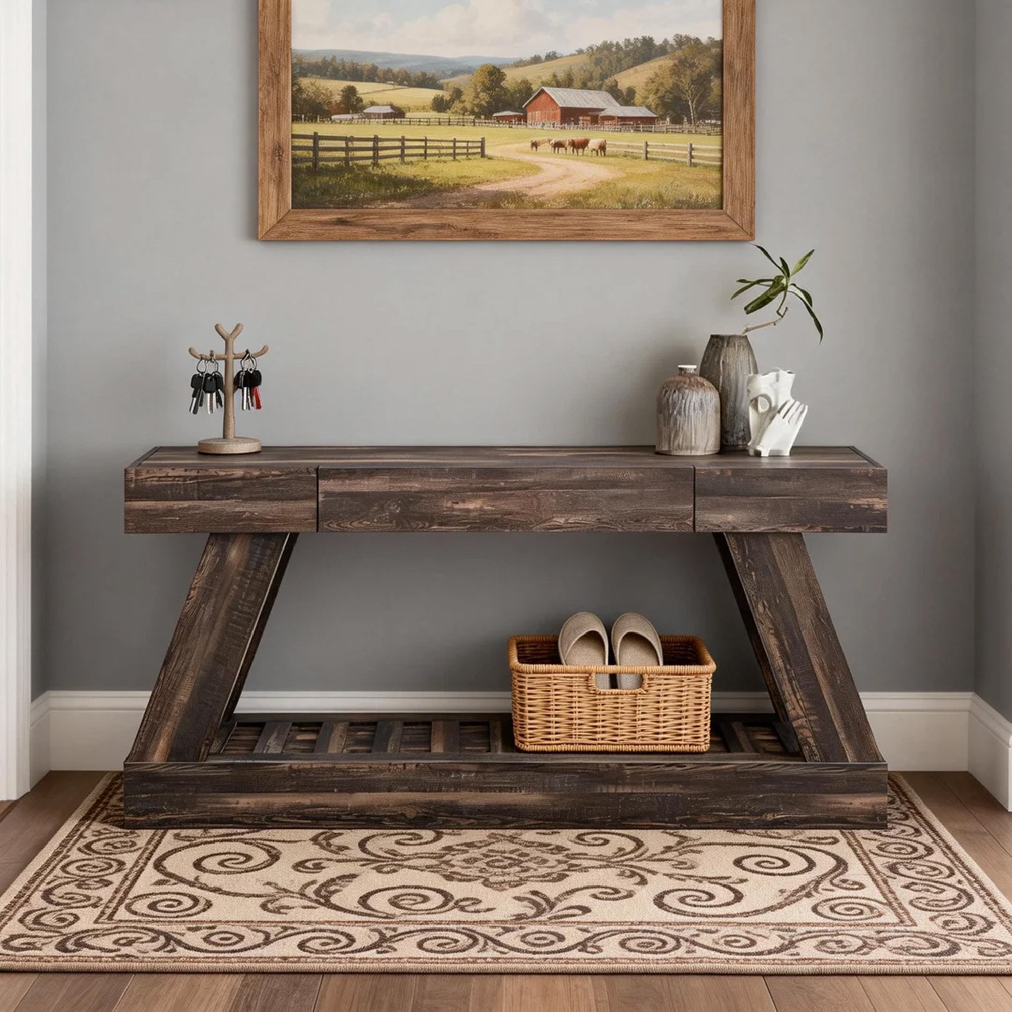 OKD 60" Wood Console Table, Farmhouse 2-Tier Sofa Table Entryway Table with Drawer & Heavy Duty Base for Entrance, Hallway, Living Room - Dark Rustic Oak