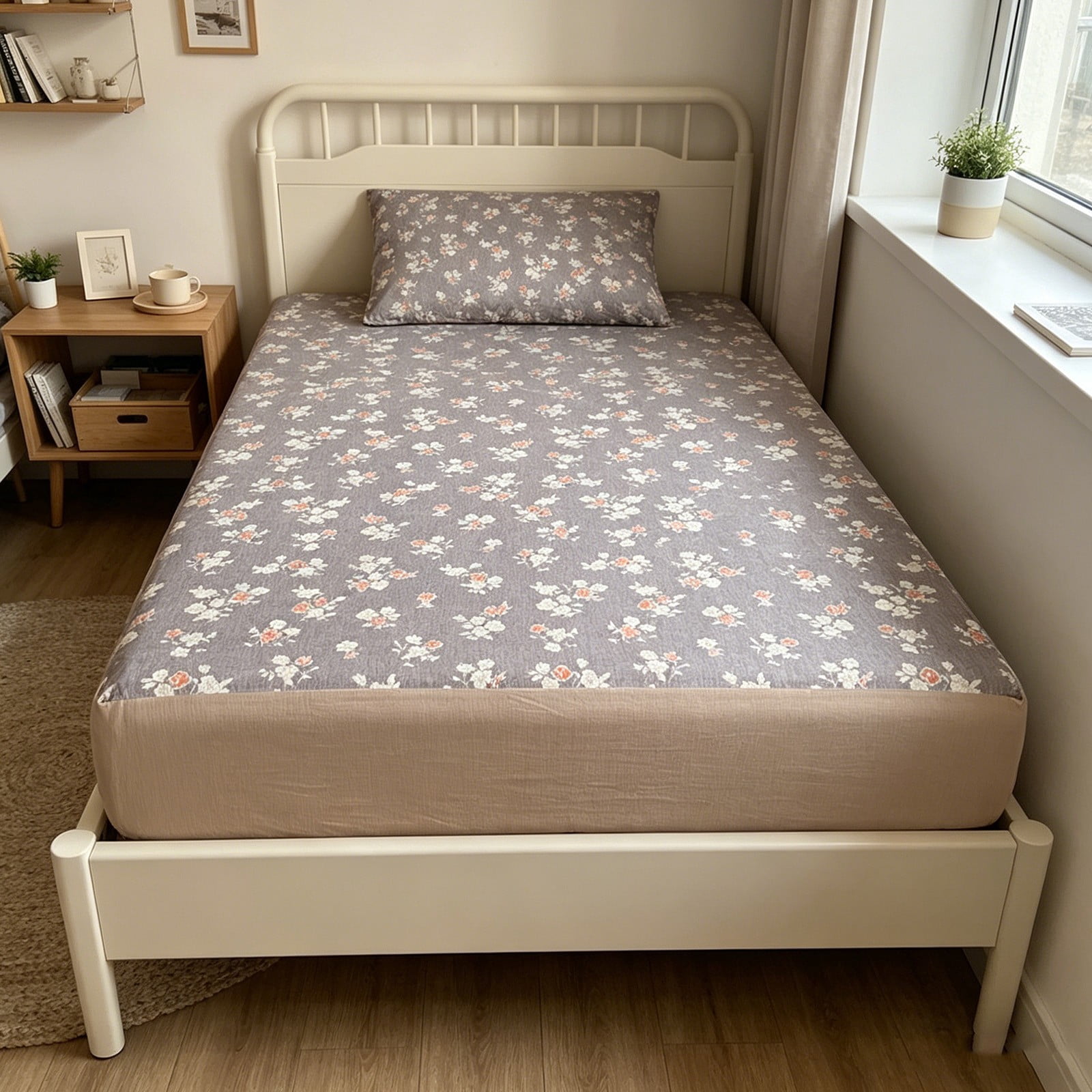 Japceit 35.43x78.44 Inch Fitted Sheet, Comfortable Cool Floral Pattern Mattress Protective Cover, Easy Clean Single Bed Sheet for Home Dormitory