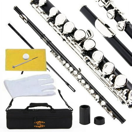 Glory Professional Closed Hole C Flute for Band, Orchestra, with Case, Tuning Rod and Cloth,Joint Grease and Gloves -Black