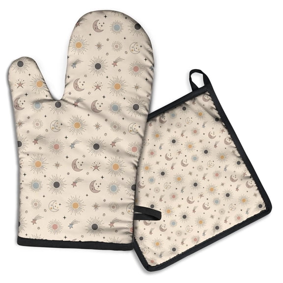 Beige Sun Moon Star Comet Pattern Kitchen Oven Mitt and Pot Holder Sets 2 Pcs for Baking, Cooking and Grilling, Heat Resistant Up To 392 °F