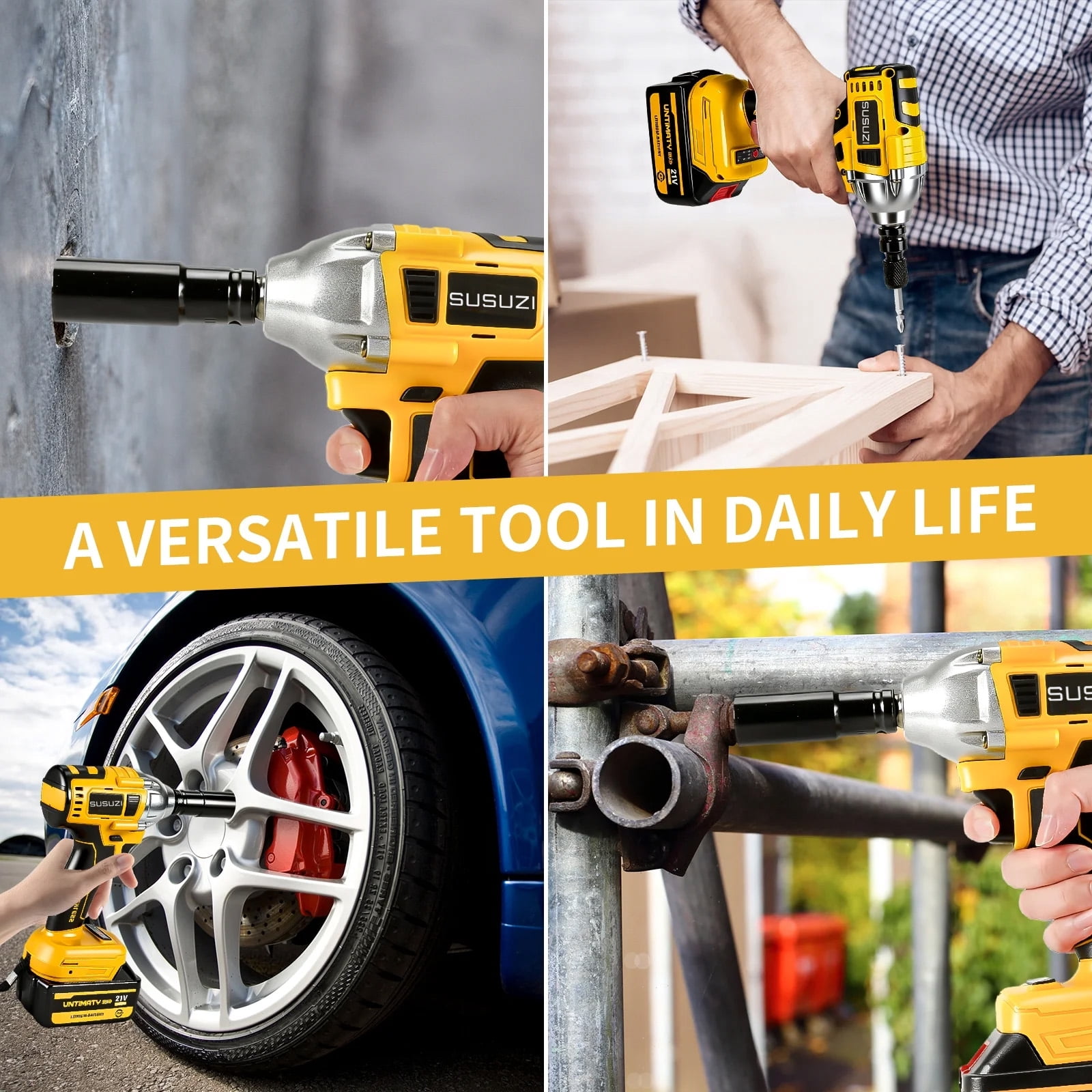 SUSUZI 20V Cordless Impact Wrench 1/2", 380Nm (280 ft-lbs) Max Torque Brushless Motor with 2 x 3.0A Batteries, Power Impact Wrench with 5 Sockets,8 Drill,6 Screws