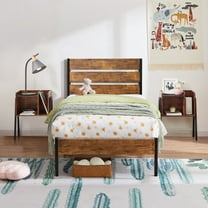 VECELO 3-Piece Bedroom Set with 2 Nightstands, Twin Size Metal Bed Frame with Wooden Headboard, Brown