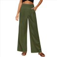 thumbnail image 2 of Pantalones Anchos de Cintura Alta para Mujer, Pantalones Casuales de Playa Fluidos de Verano con Bolsillos. Verde Oscuro M, 2 of 10