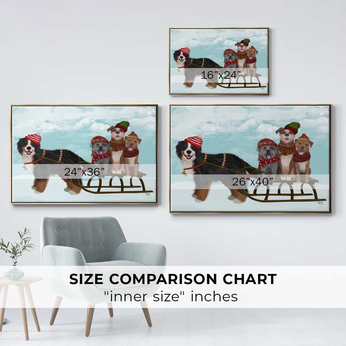 Christmas Mutt Sled - Framed Gallery Wrapped Holiday Canvas - 17 x 25 - Gold Frame