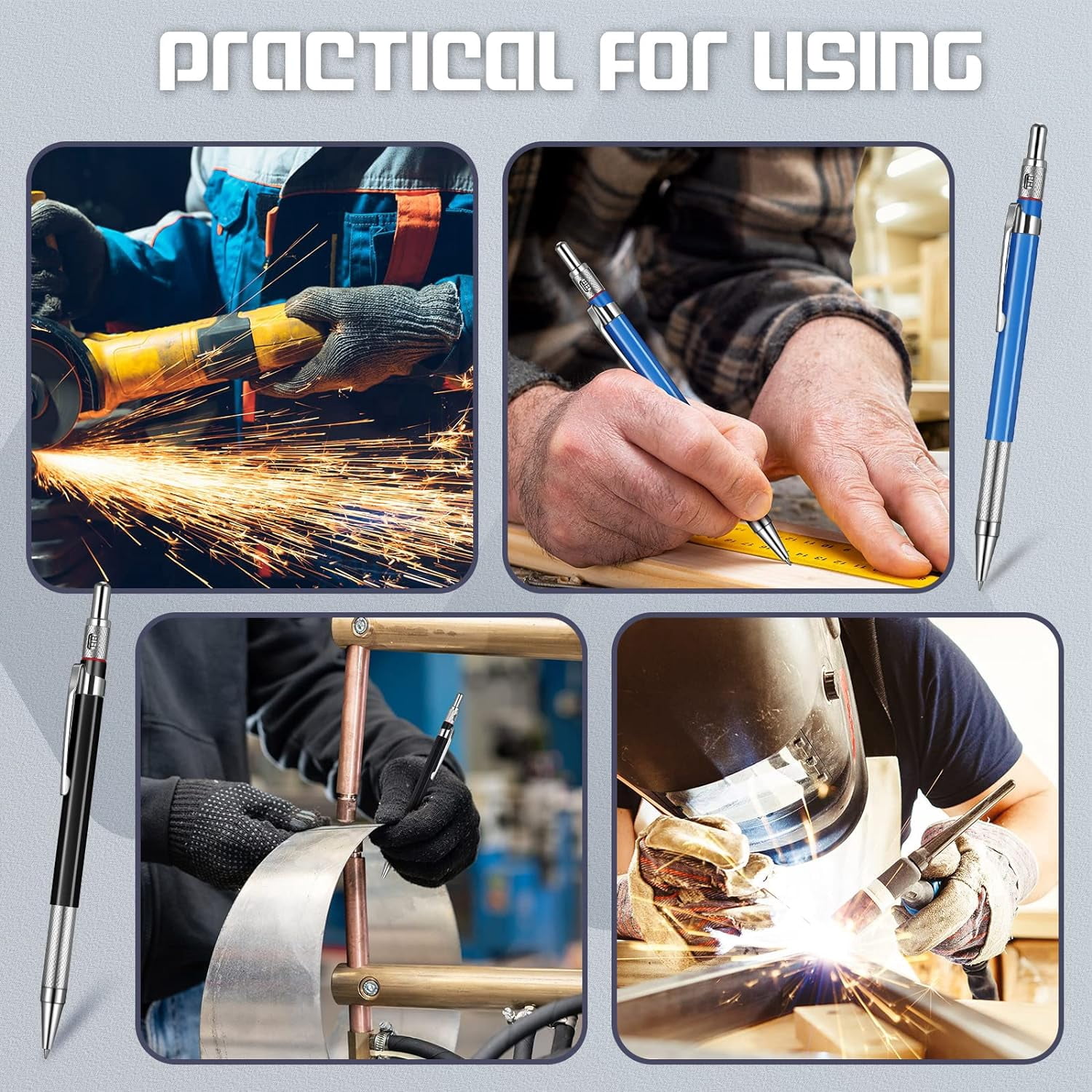 12 Pieces Welder Pencil with 108 Pieces Round Refills Mechanical Metal Pencil Marker with Built in Sharpener Pen for Construction Workers, Metal Work, Plumbers, Framers