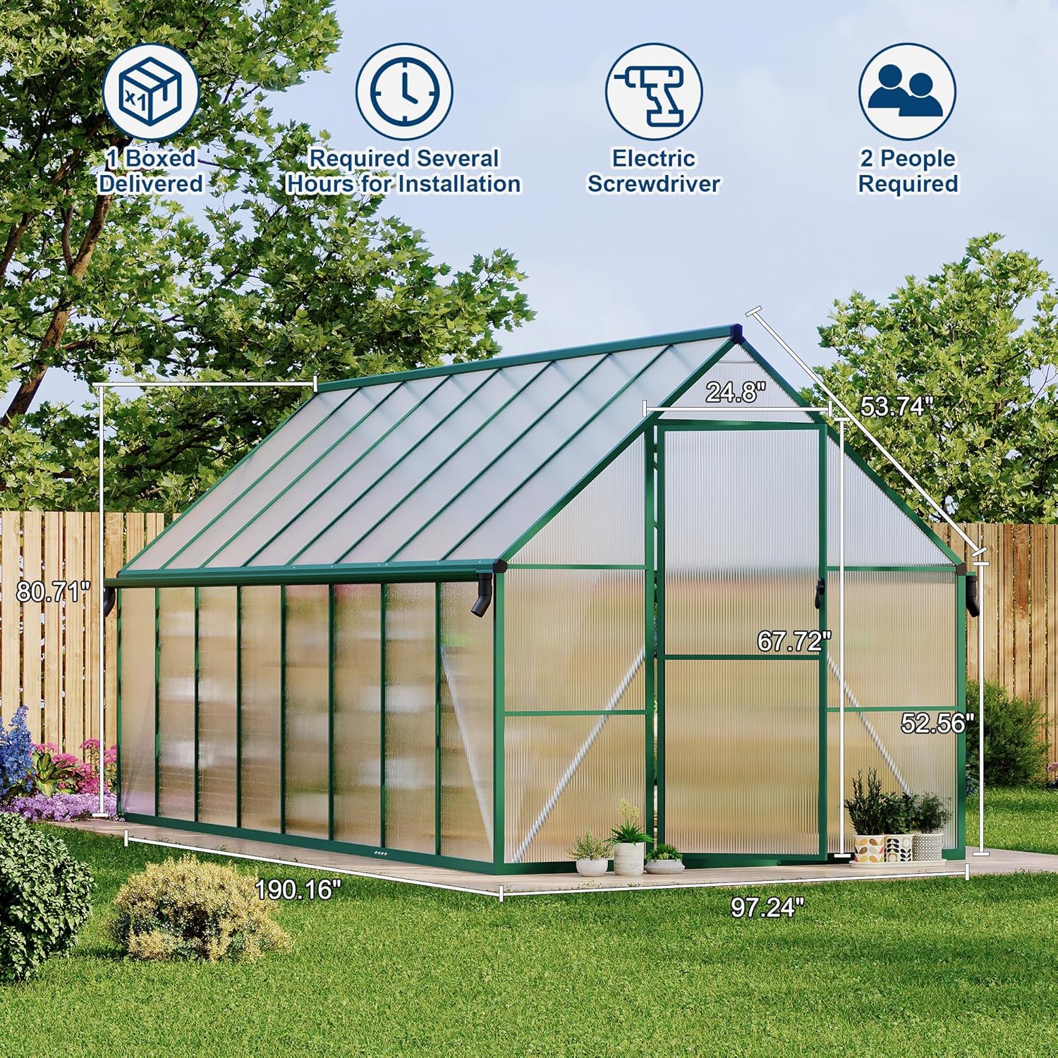 Senfot 8 x 16ft Walk-in Greenhouse Heavy-Duty Aluminum Frame Polycarbonate Panels Quick Setup Roof Vent Large Outdoor Greenhouse Kit for Garden Backyard Green