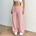 thumbnail image 4 of Women’s Wide Leg Palazzo Pants High Waisted Striped Knit Lounge Pants Elastic Waist Drawstring Casual Pajama Trousers, 4 of 8