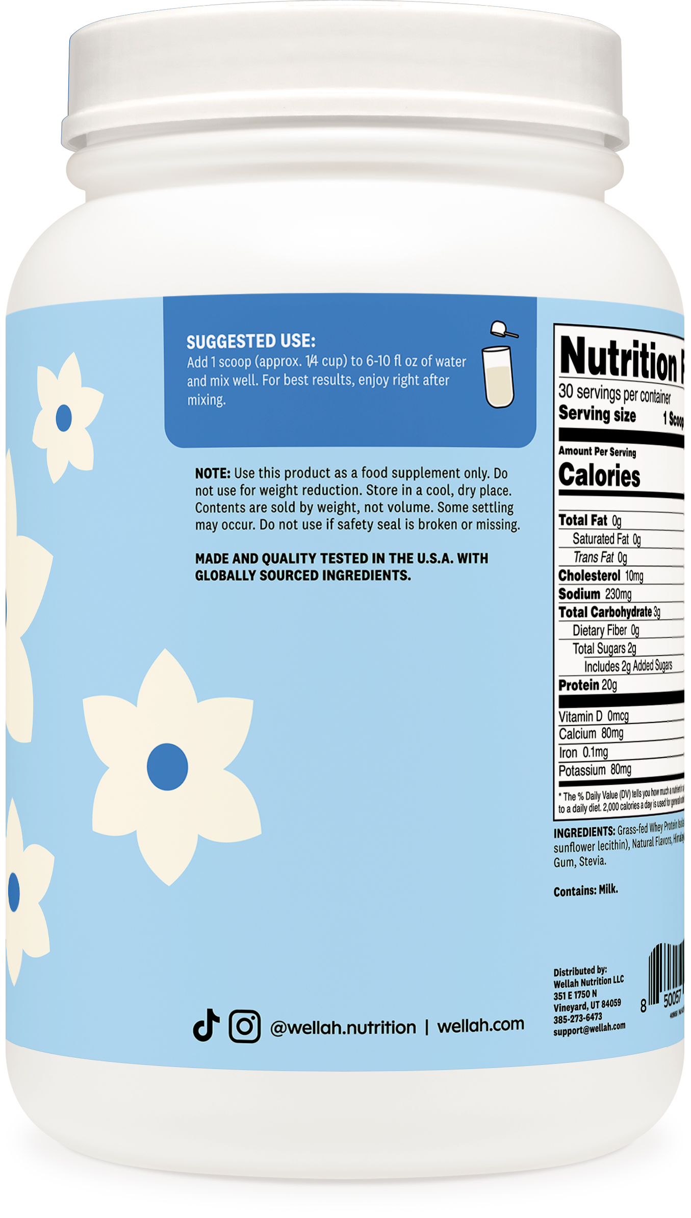 Wellah Grass-Fed Whey Protein Isolate (Vanilla) 30 Servings - 20g of Protein, 100 Calories, Naturally Sweetened