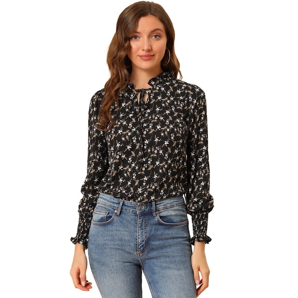 INSPIRE CHIC Blusa floral vintage con cuello de volantes y cuello fruncido con pu?o fruncido para mujer Negro M