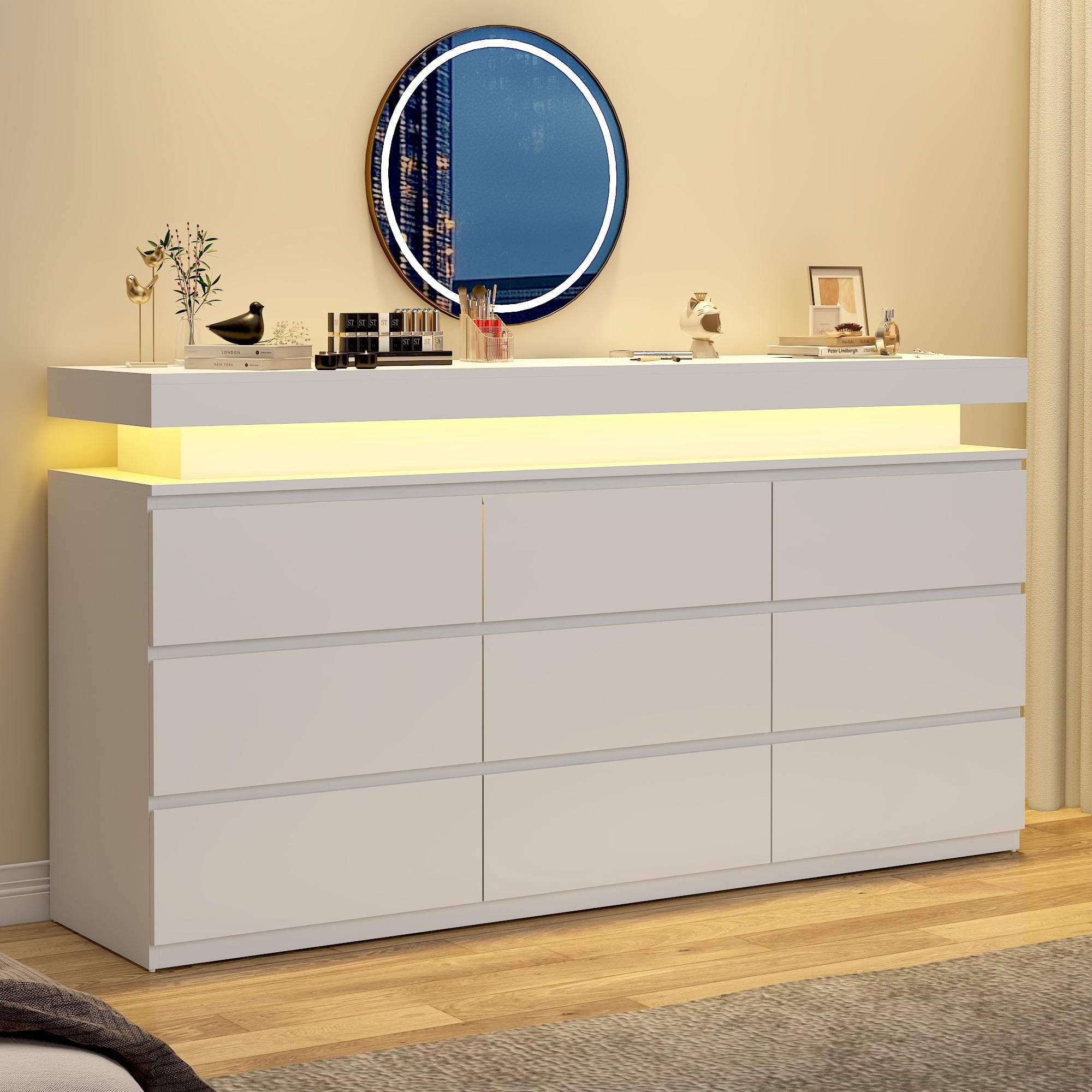 ChVans White 9 Drawer Dresser with LED Lights, 63" Wide Modern Wood Chest of Drawers with Charging Station & Handle Free, LED White Dresser for bedroom, Living Room, Entryway, Hallway