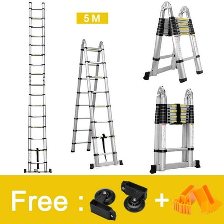 Finether 16.4ft Aluminum Telescoping Extension Ladder Portable Multi-Purpose Folding A-Frame Ladder with Hinges, 150 kg Load Capacity for Home Loft Office，EN131