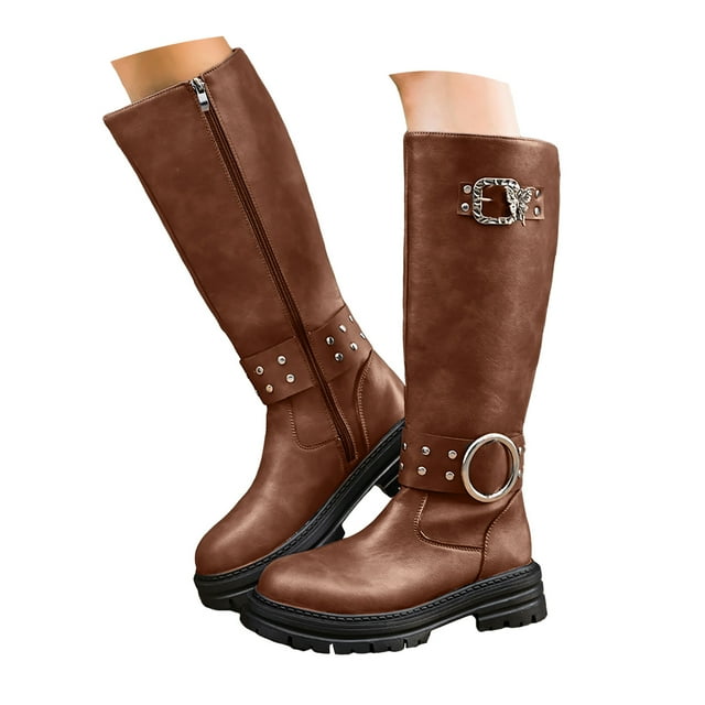 Women's Knee High Boots Riding Combat Boot Round Toe Side Zipper Long Tall Fall Winter Boots for Women