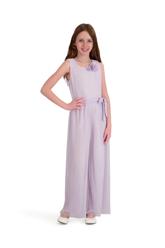 Sleeveless Pleated Lurex Mesh Jumpsuit, Sizes 4-16