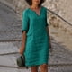 thumbnail image 3 of Vestido mini de algodón y lino con cuello en V y manga corta para mujer: vestido informal de color liso para vacaciones y ocasiones semiformales, ideal para primavera/verano., 3 of 8