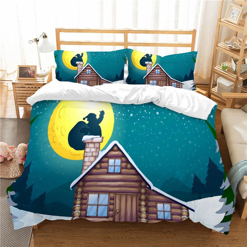 Christmas Duvet Cover,Santa Claus Tree Reindeer Printed Comforter Cover