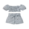 thumbnail image 2 of Kids Girls Clothes Sets Off Shoulder Short Sleeve Tops + Short Pants Plaid Printed Outfits Summer, 2 of 10